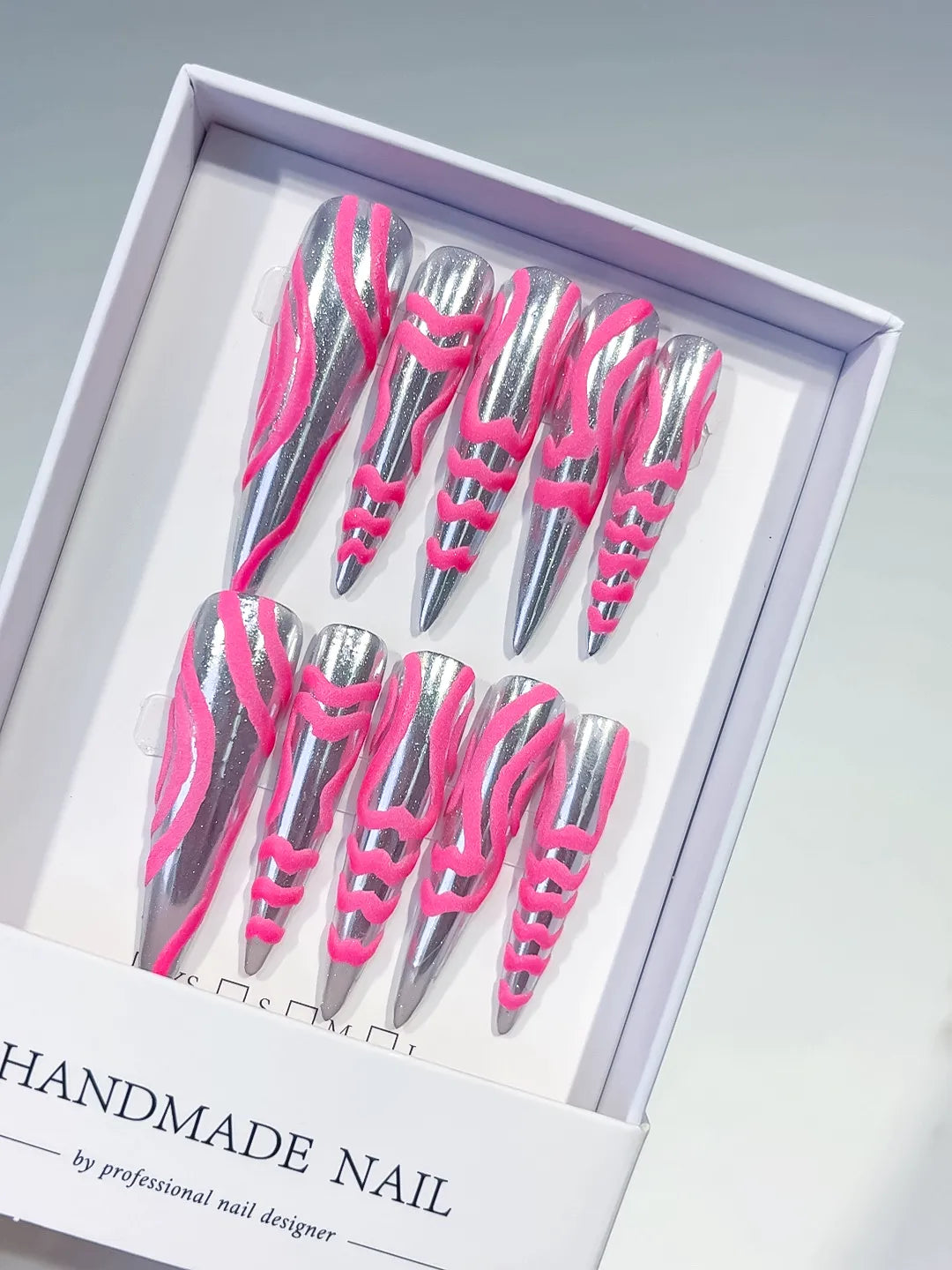 Long Silver Pink Stiletto Metallic 3D Texture