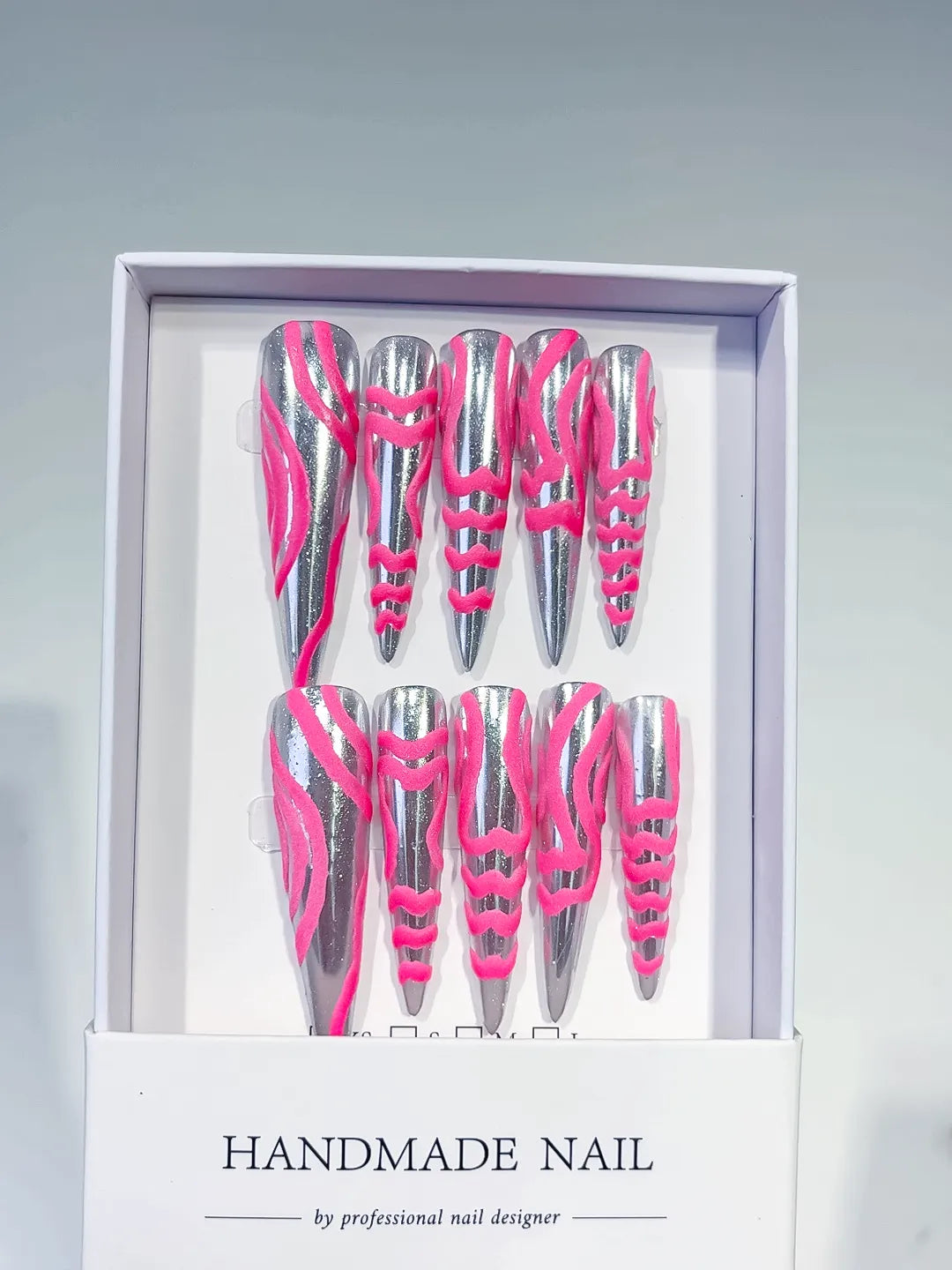 Long Silver Pink Stiletto Metallic 3D Texture