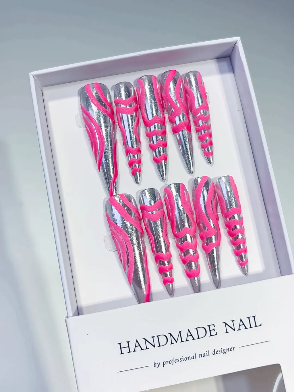 Long Silver Pink Stiletto Metallic 3D Texture