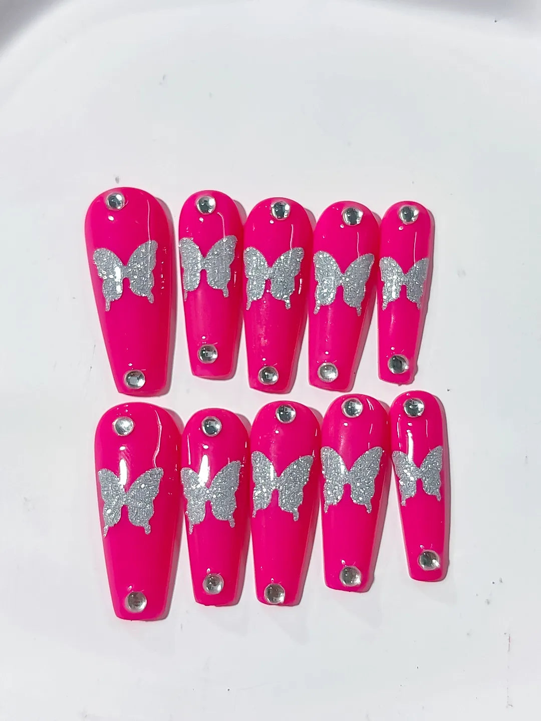 Long Pink Silver Coffin Solid color Butterfly Rhinestone