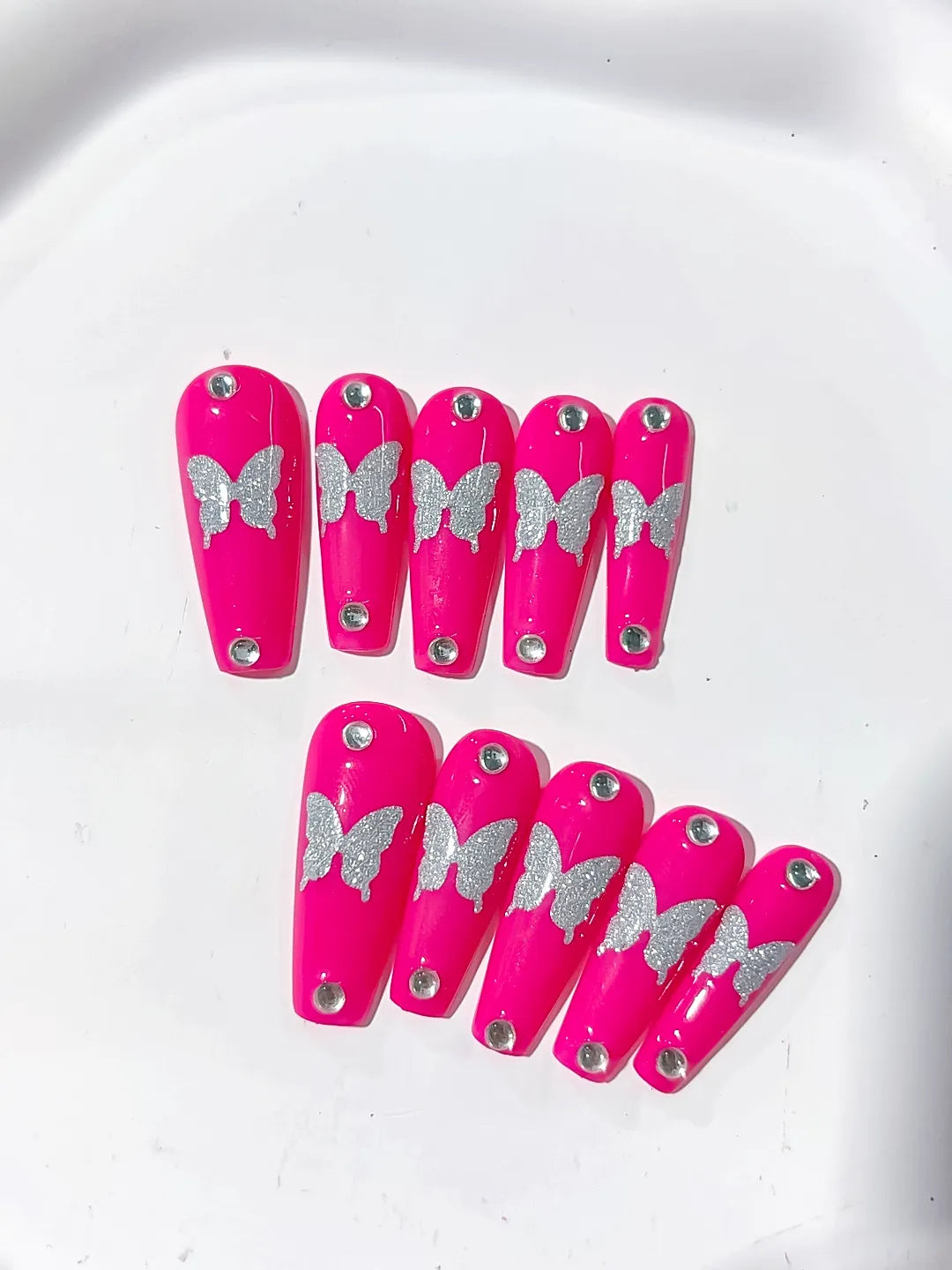 Long Pink Silver Coffin Solid color Butterfly Rhinestone