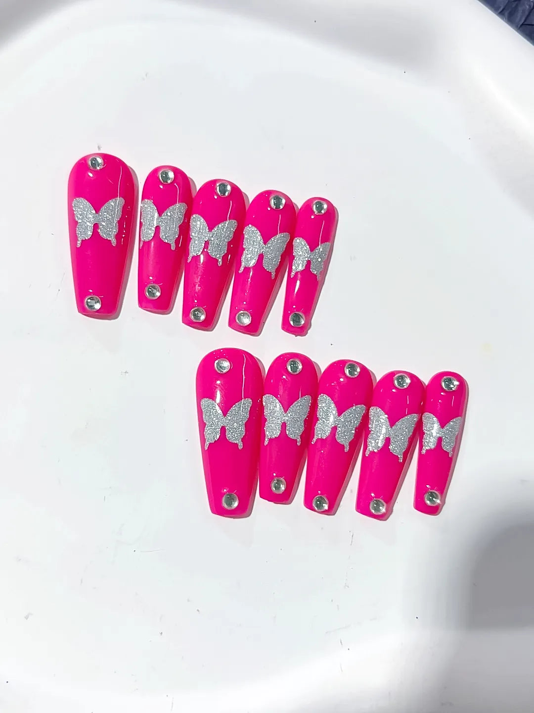 Long Pink Silver Coffin Solid color Butterfly Rhinestone