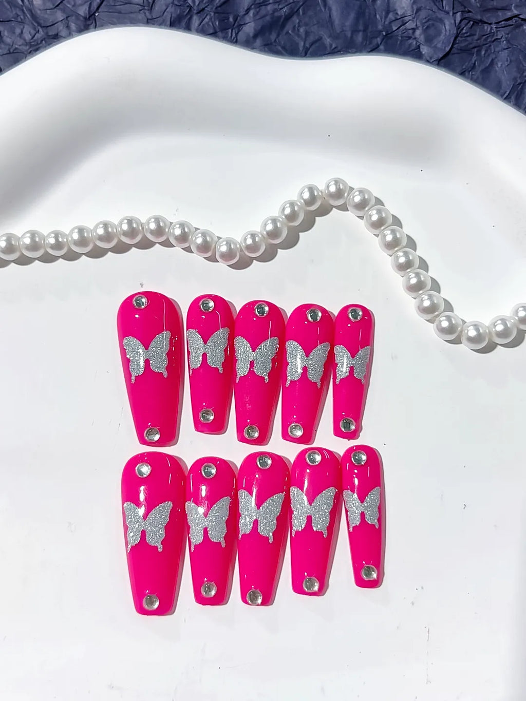 Long Pink Silver Coffin Solid color Butterfly Rhinestone