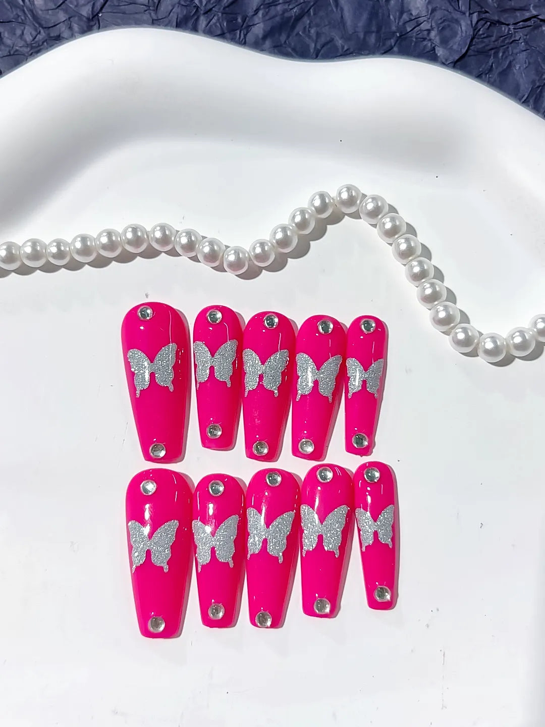 Long Pink Silver Coffin Solid color Butterfly Rhinestone