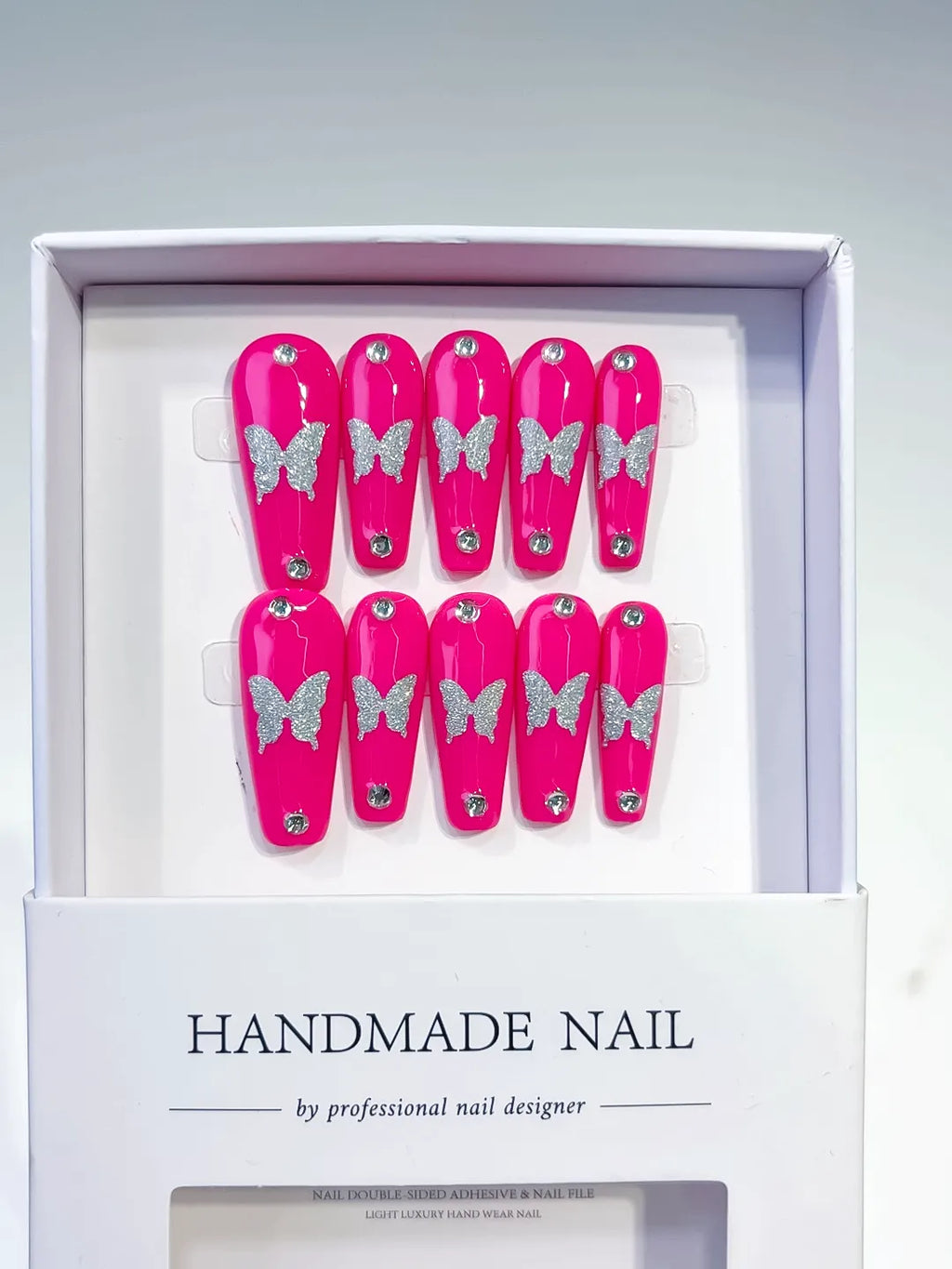 Long Pink Silver Coffin Solid color Butterfly Rhinestone
