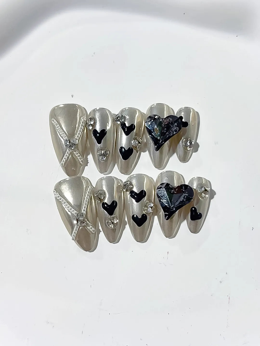 Medium Silver Black Almond Metallic Heart Bow