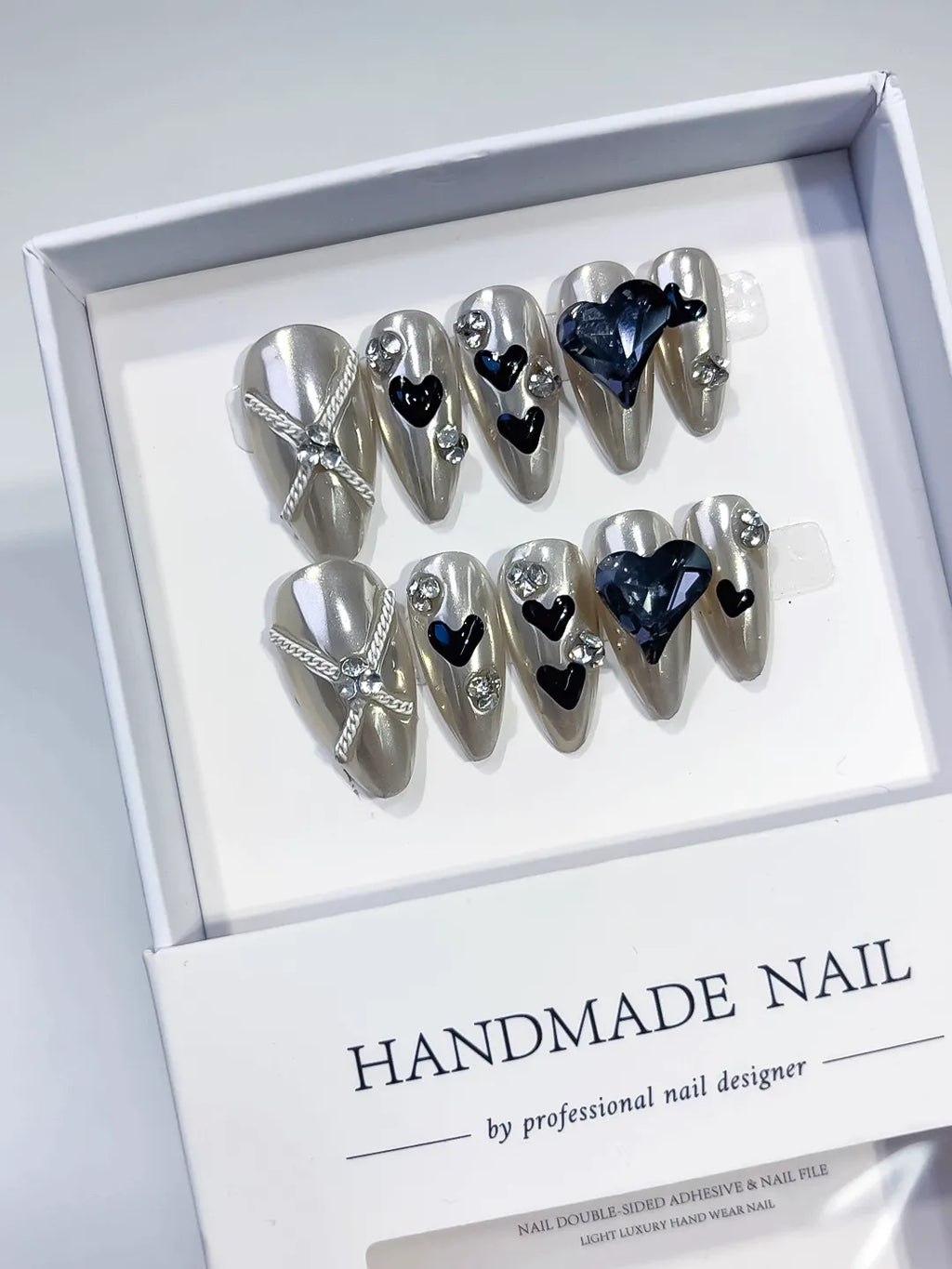 Medium Silver Black Almond Metallic Heart Bow