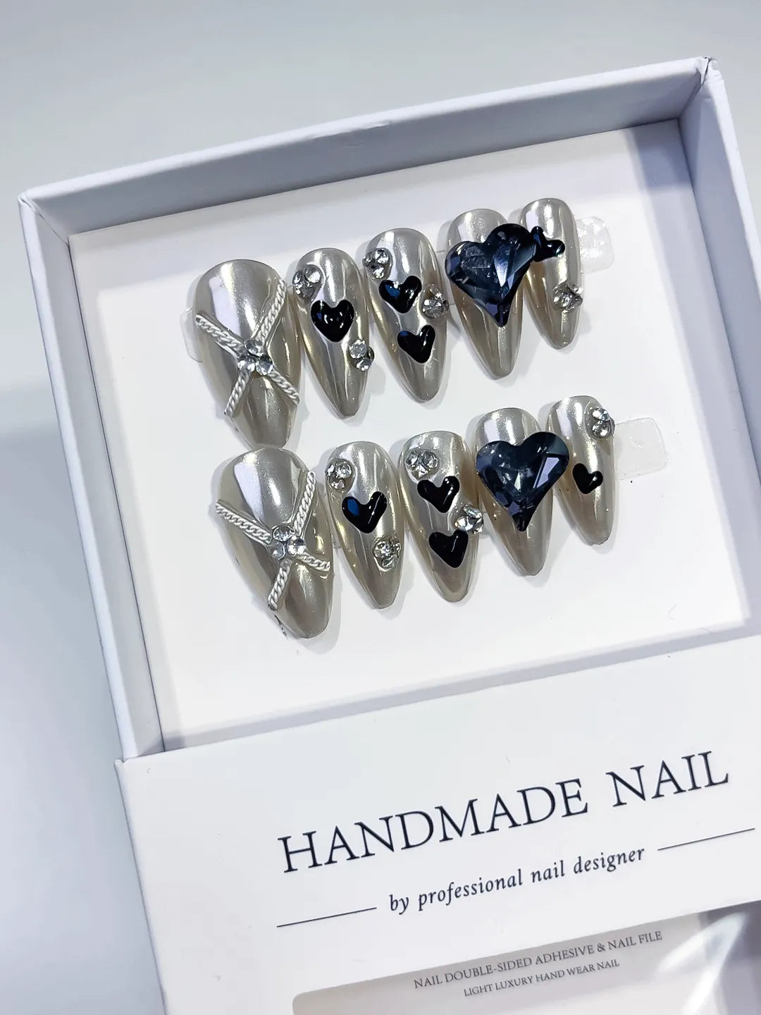 Medium Silver Black Almond Metallic Heart Bow