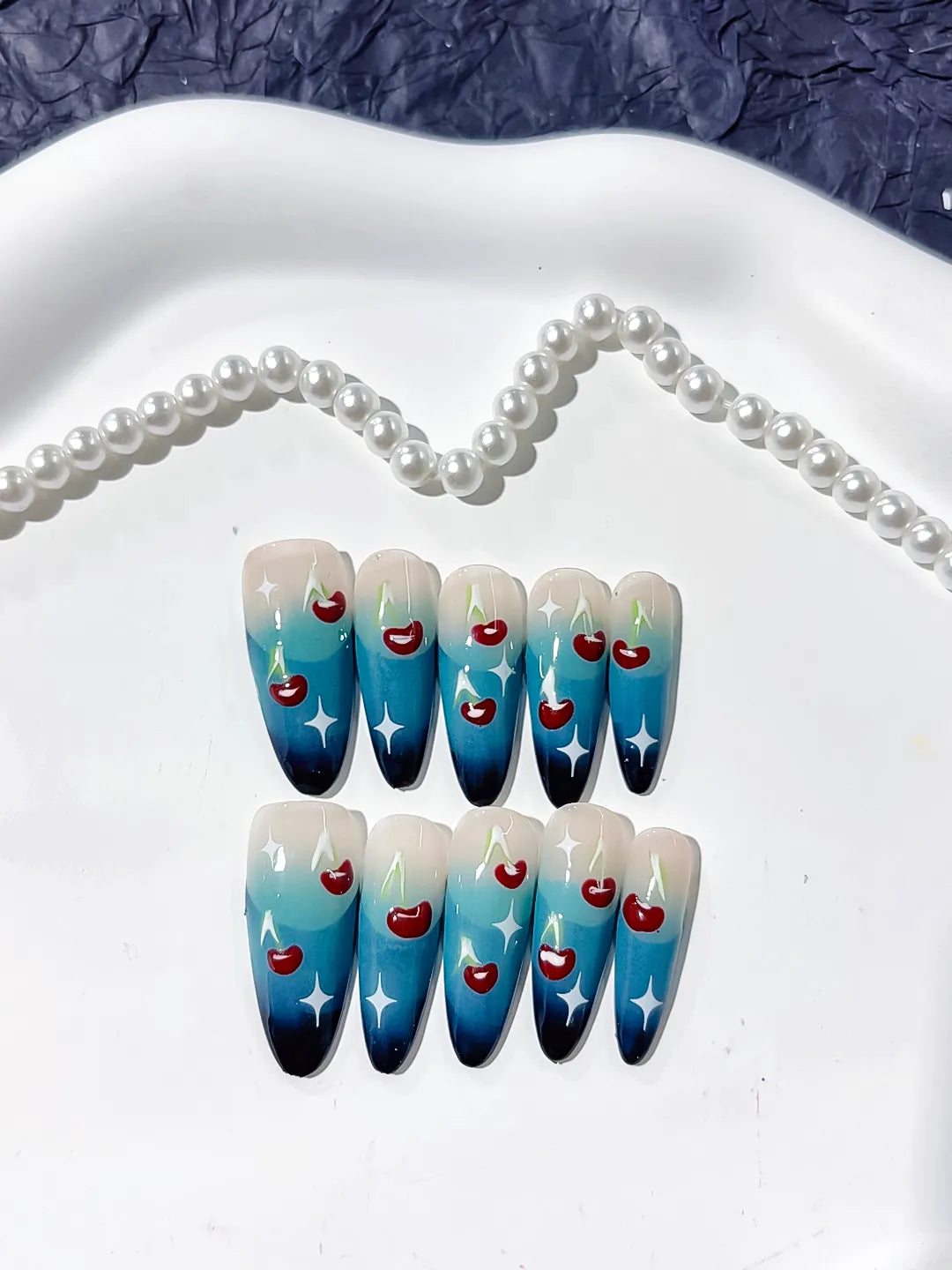Long Blue Nude Oval Floral Cherry Star