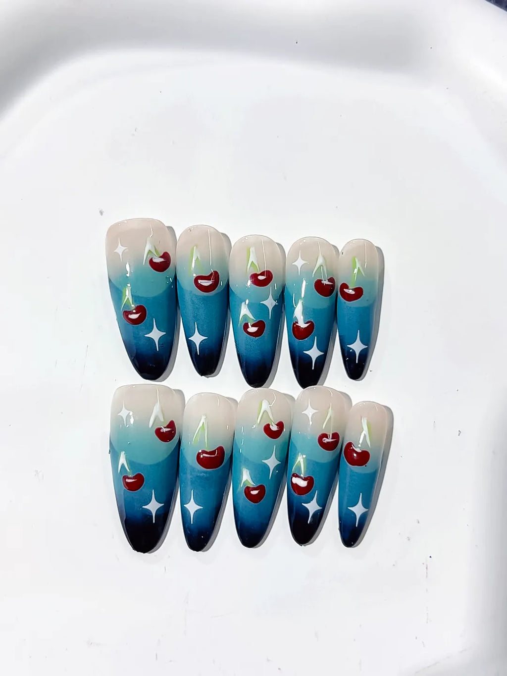 Long Blue Nude Oval Floral Cherry Star
