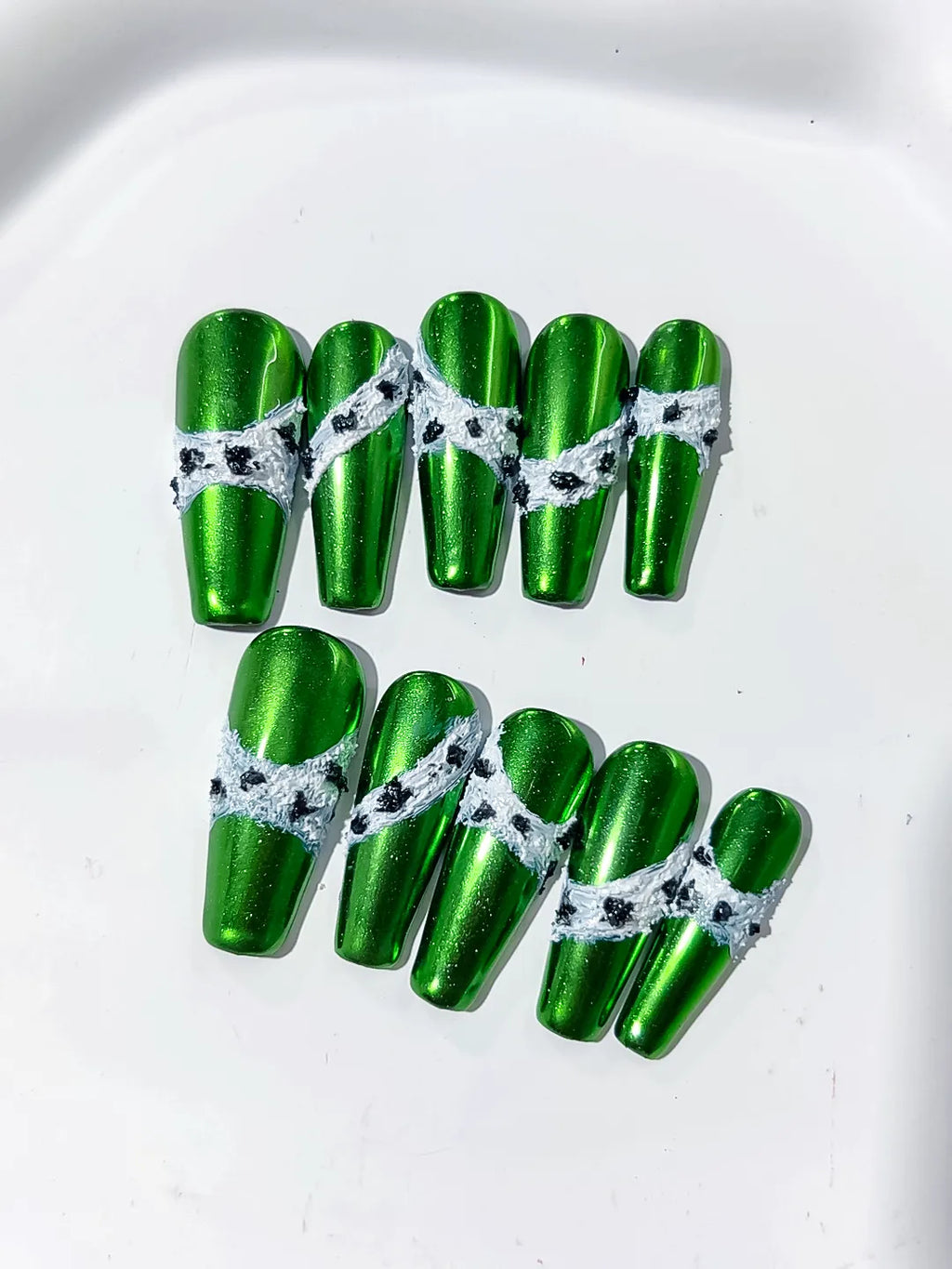 Long Green Silver Coffin Metallic Lace 3D