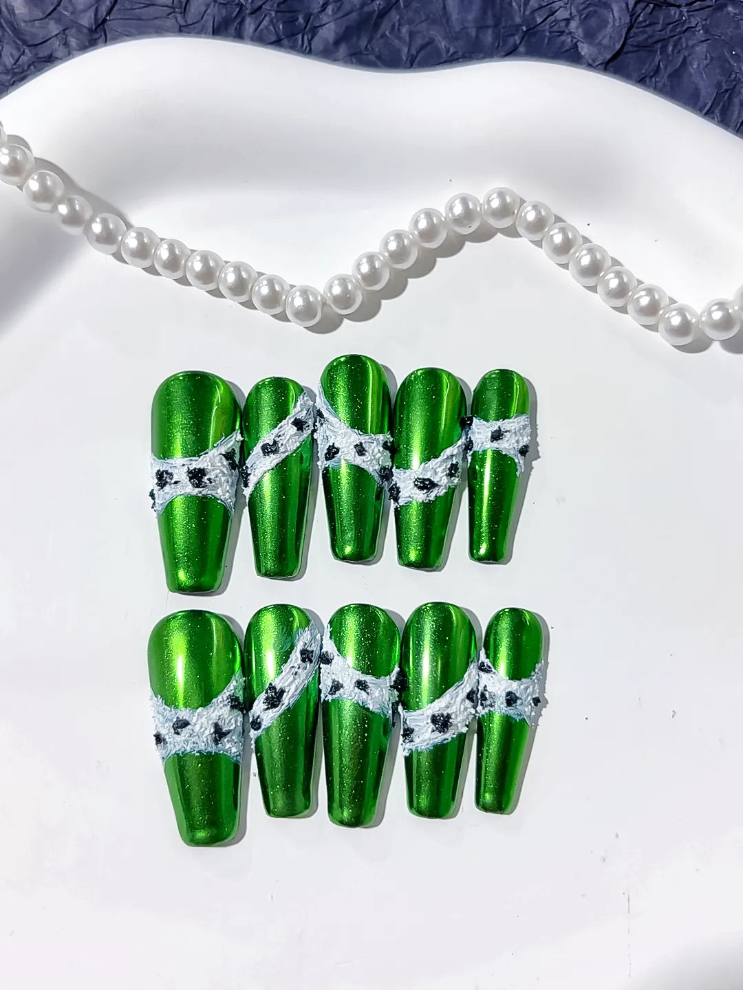 Long Green Silver Coffin Metallic Lace 3D