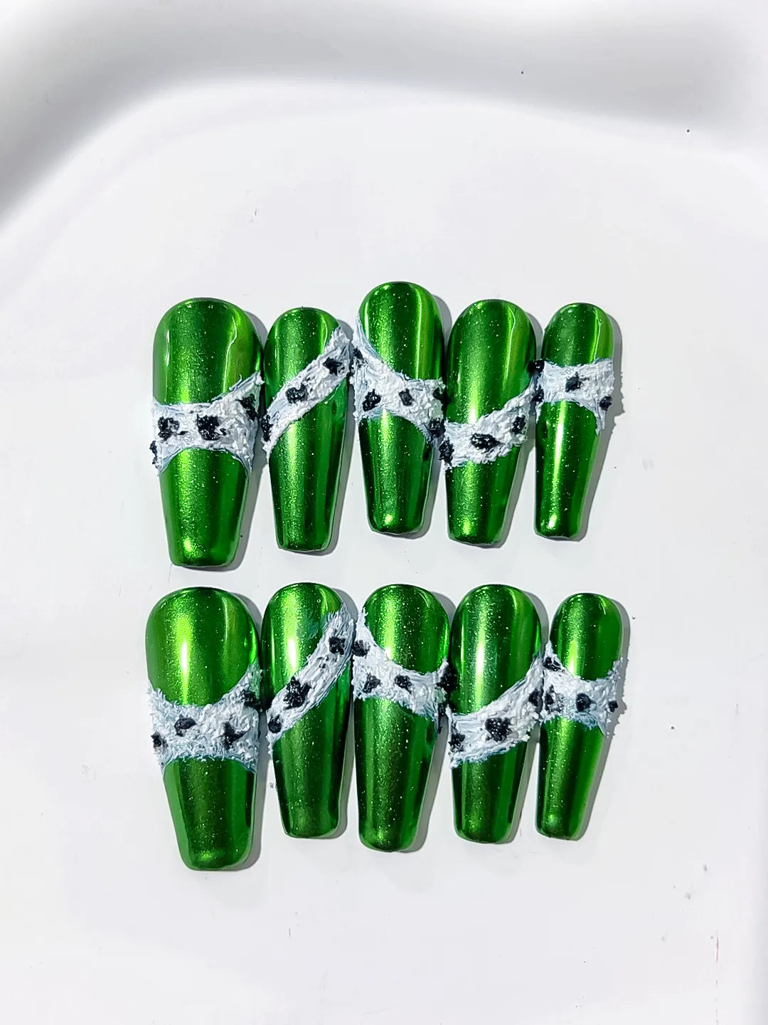 Long Green Silver Coffin Metallic Lace 3D