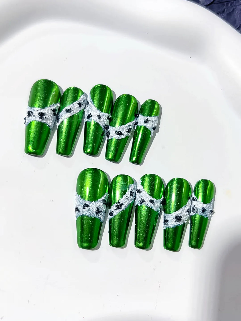 Long Green Silver Coffin Metallic Lace 3D
