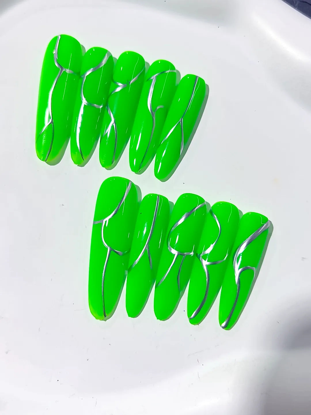 Long Green Silver Oval Abstract Metallic Accent