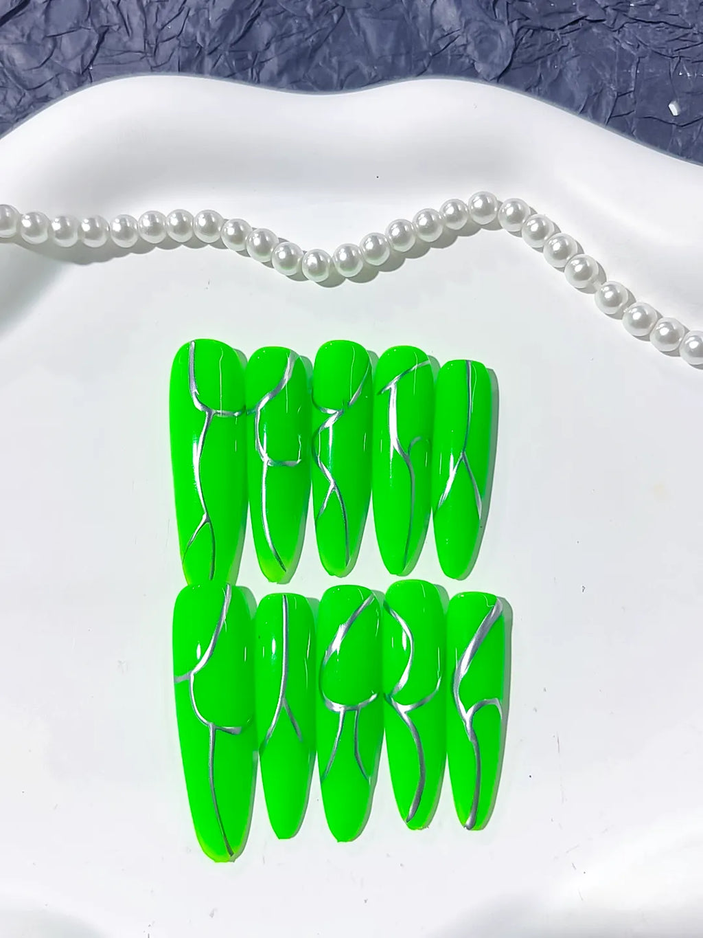 Long Green Silver Oval Abstract Metallic Accent