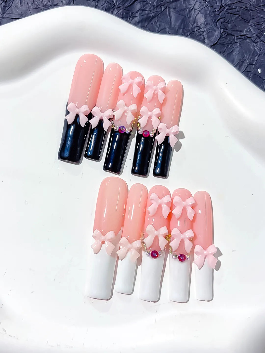 Long Pink Black Square French tip Bow Rhinestone