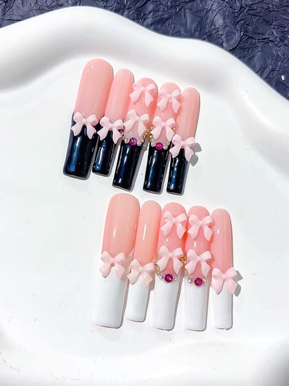 Long Pink Black Square French tip Bow Rhinestone