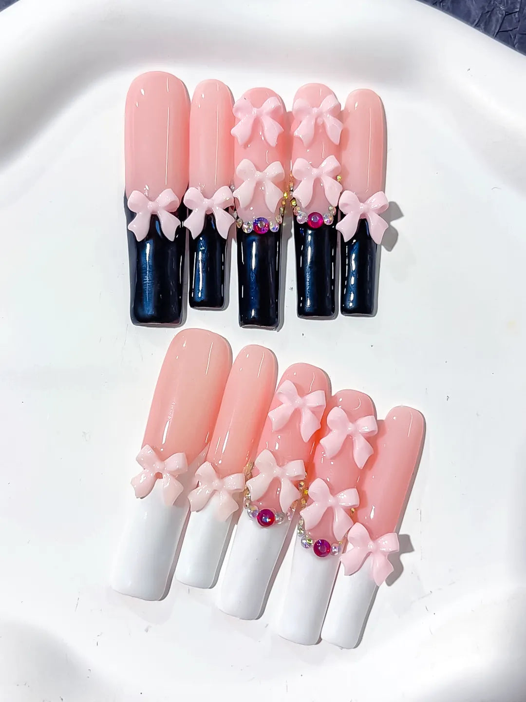 Long Pink Black Square French tip Bow Rhinestone