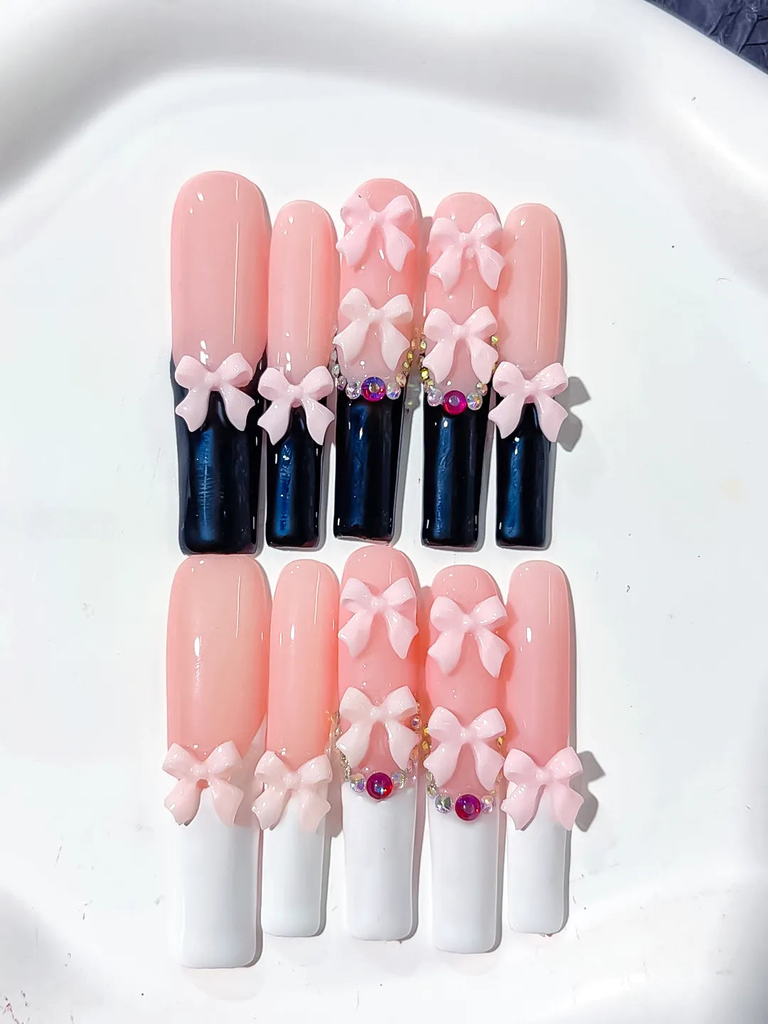 Long Pink Black Square French tip Bow Rhinestone