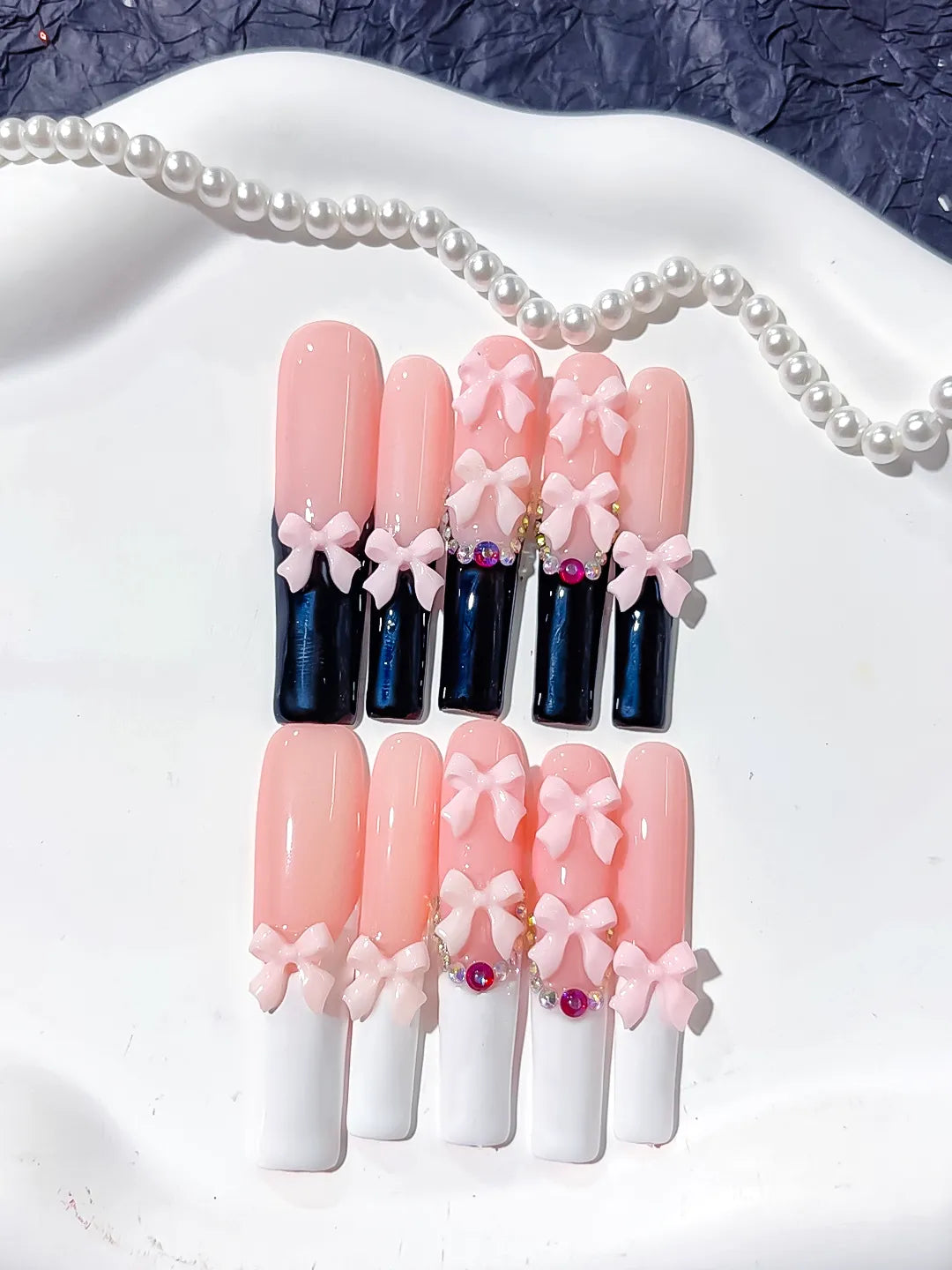 Long Pink Black Square French tip Bow Rhinestone
