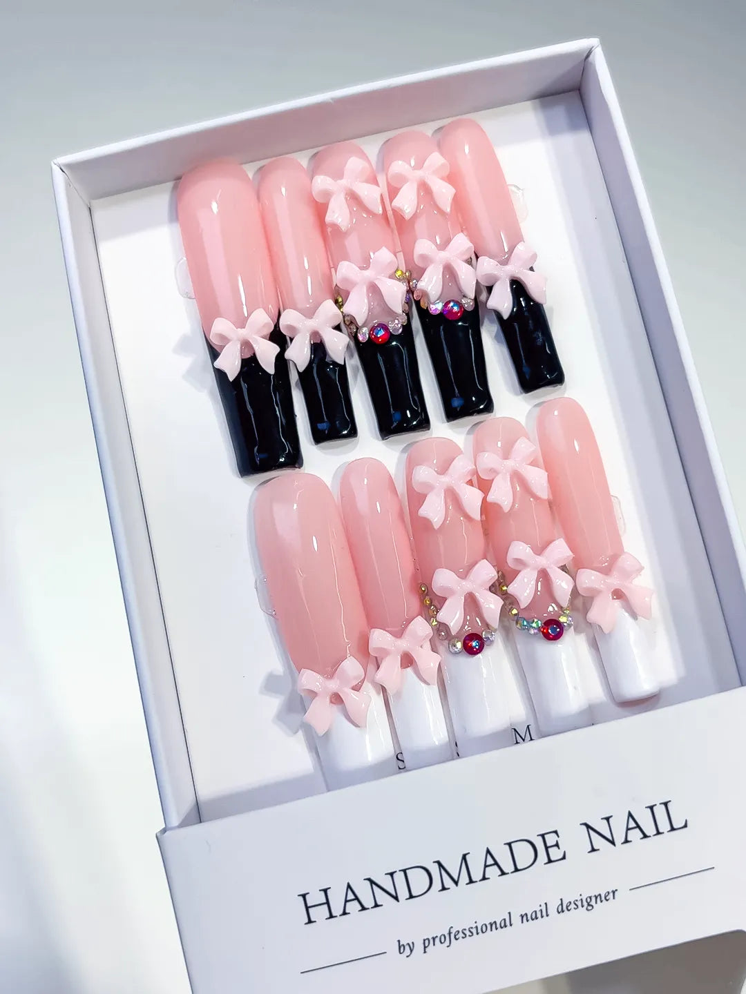 Long Pink Black Square French tip Bow Rhinestone