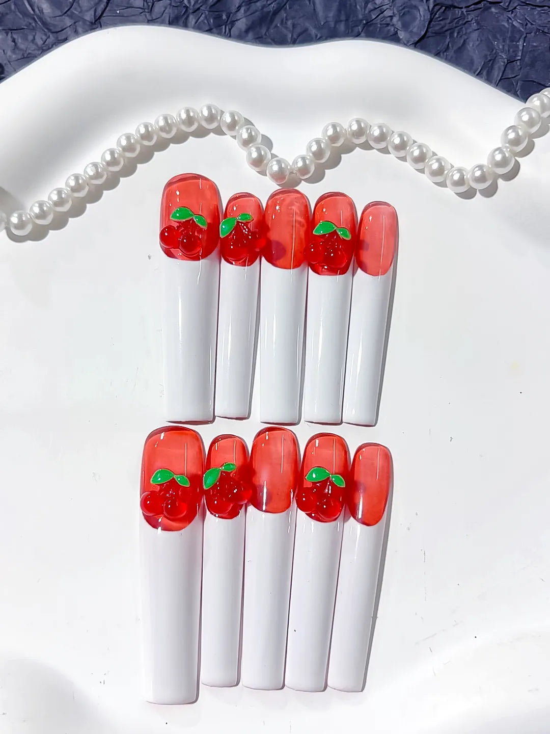 Long Red White Square Floral Cherry