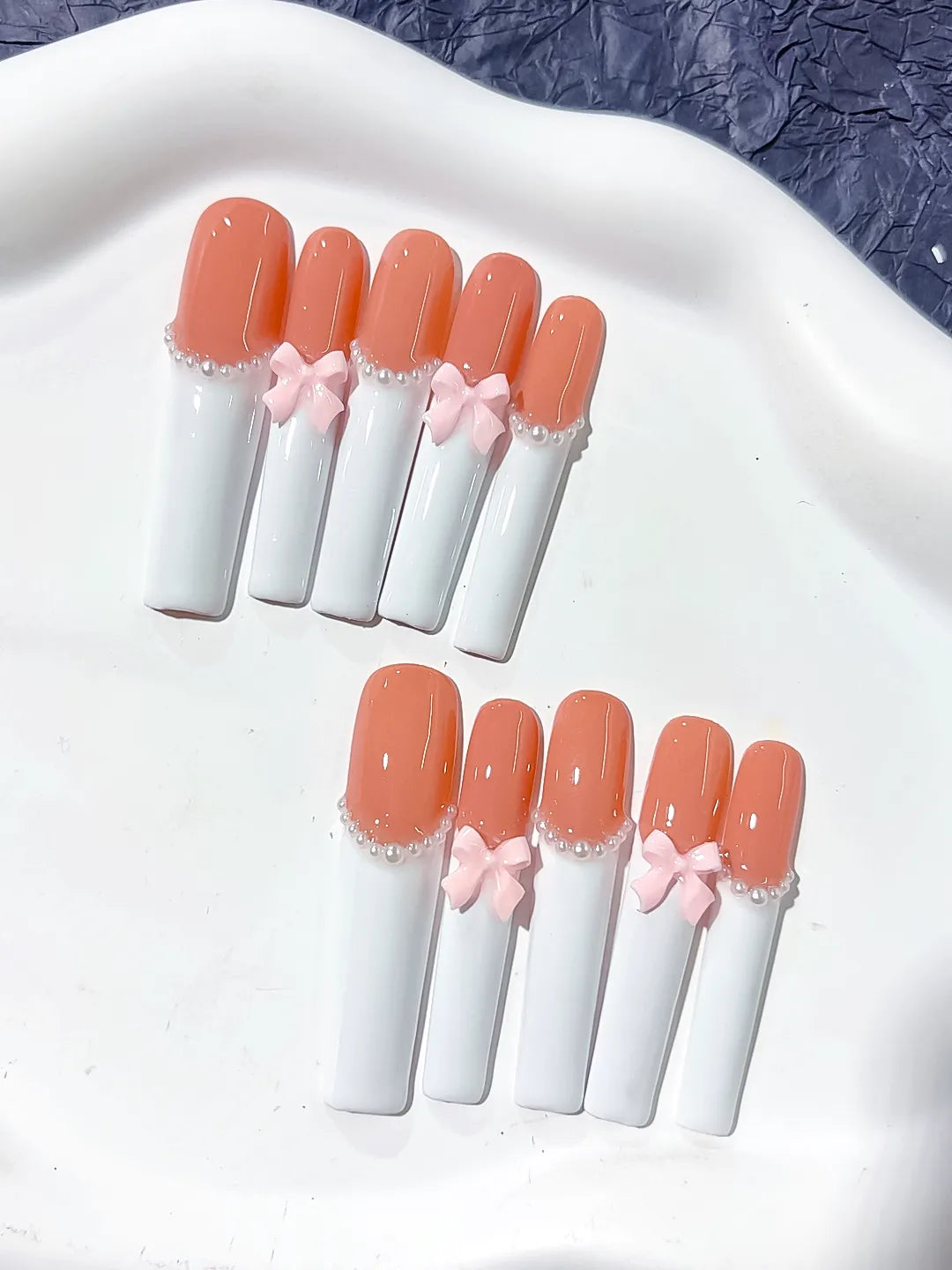 Long Orange White Square French tip Bow Pearl