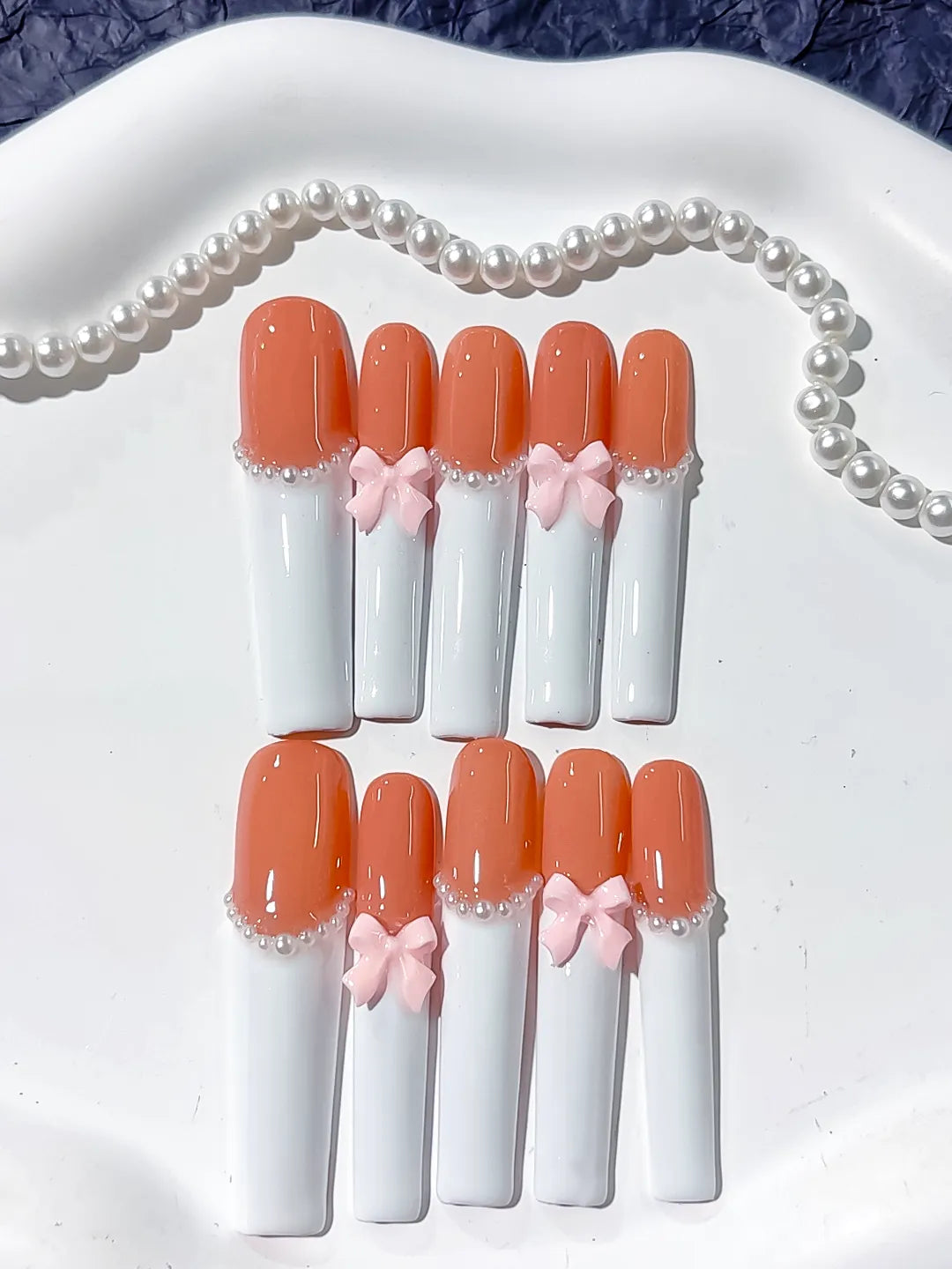 Long Orange White Square French tip Bow Pearl