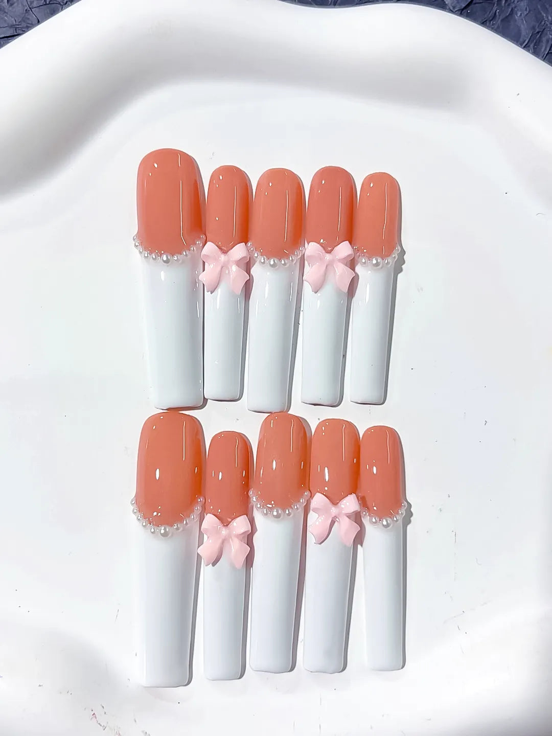 Long Orange White Square French tip Bow Pearl