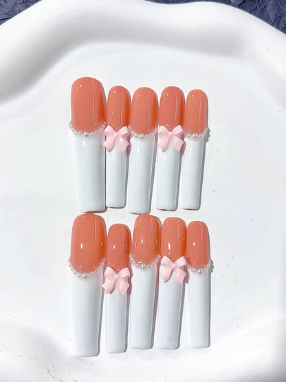 Long Orange White Square French tip Bow Pearl