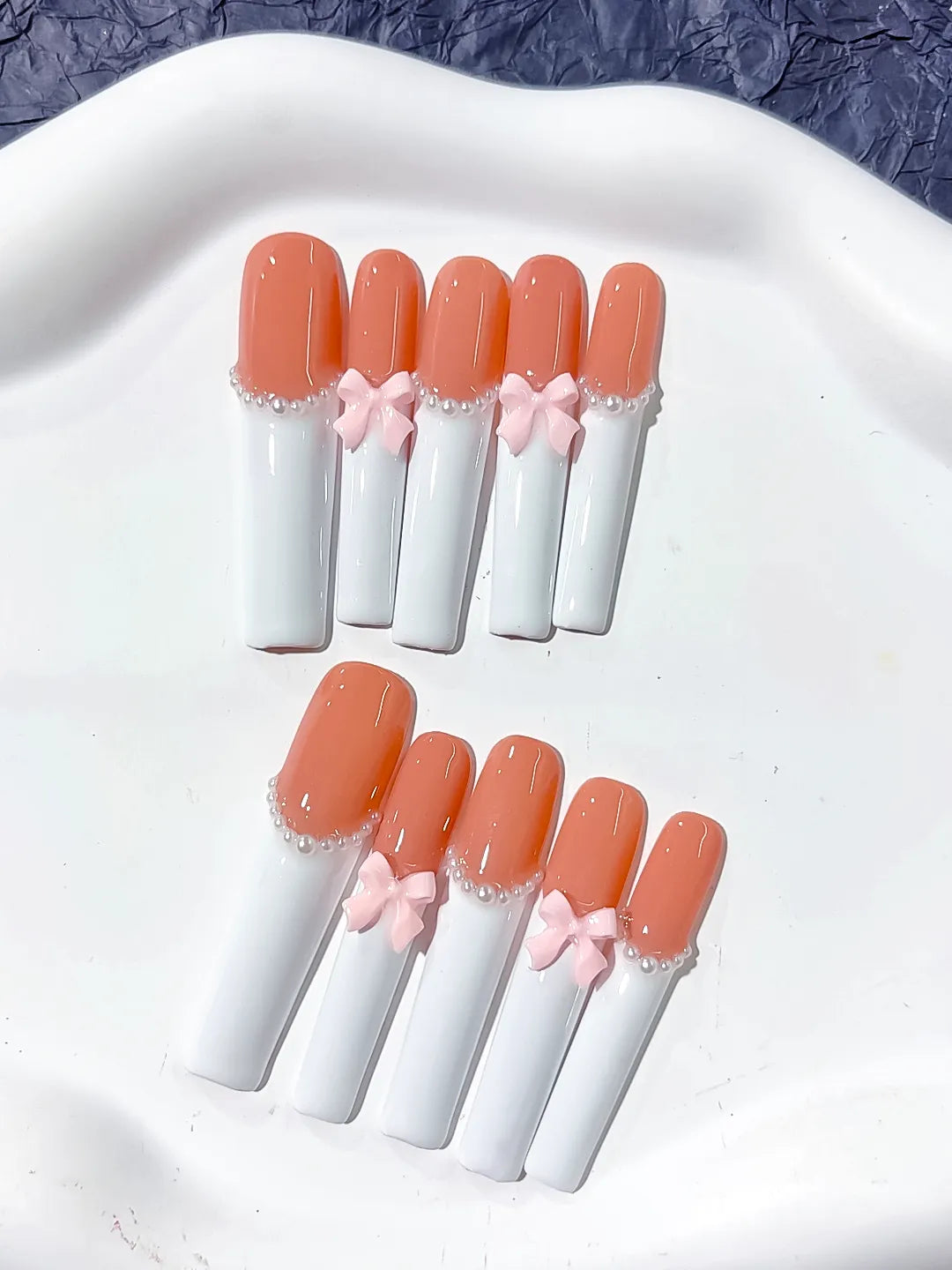 Long Orange White Square French tip Bow Pearl