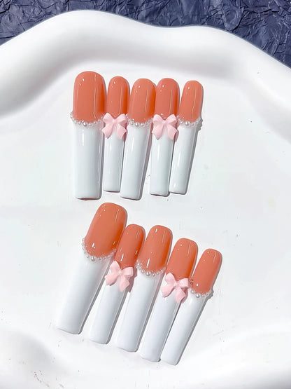 Long Orange White Square French tip Bow Pearl