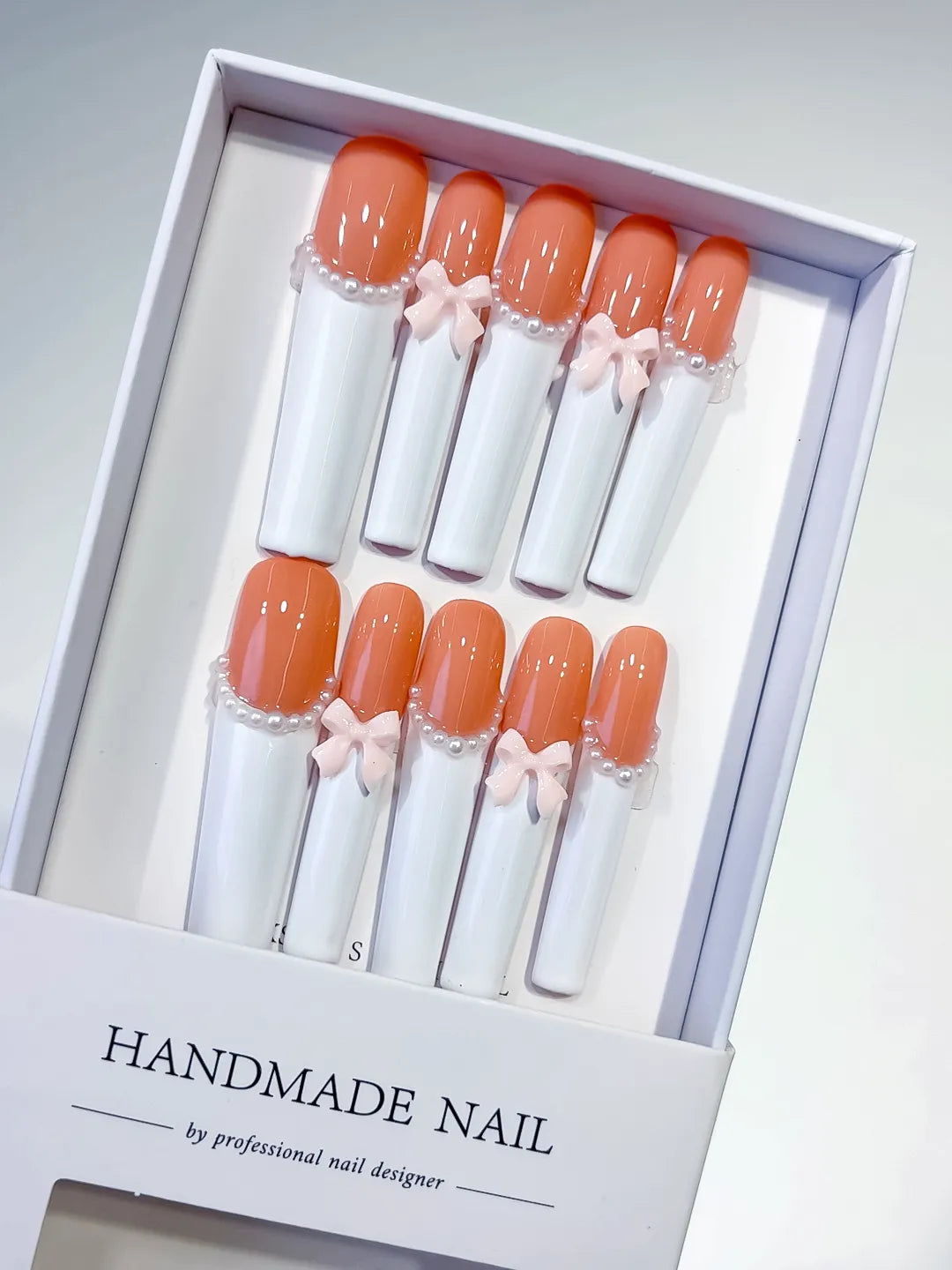 Long Orange White Square French tip Bow Pearl