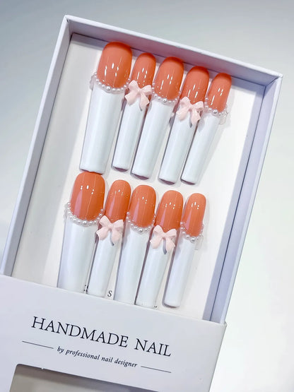 Long Orange White Square French tip Bow Pearl