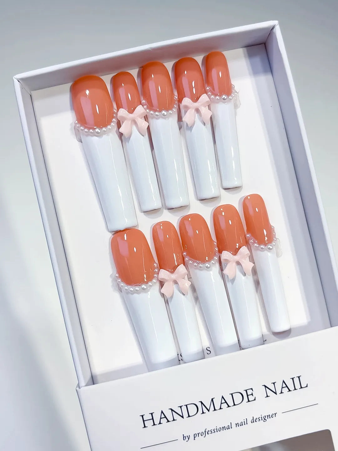 Long Orange White Square French tip Bow Pearl