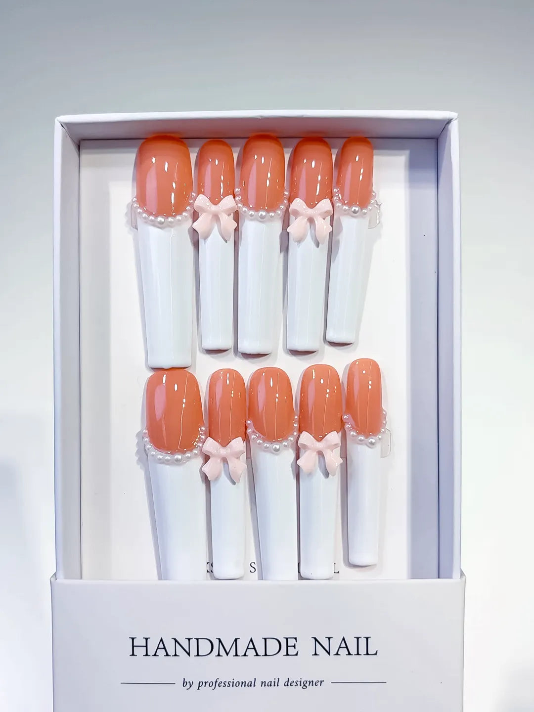 Long Orange White Square French tip Bow Pearl