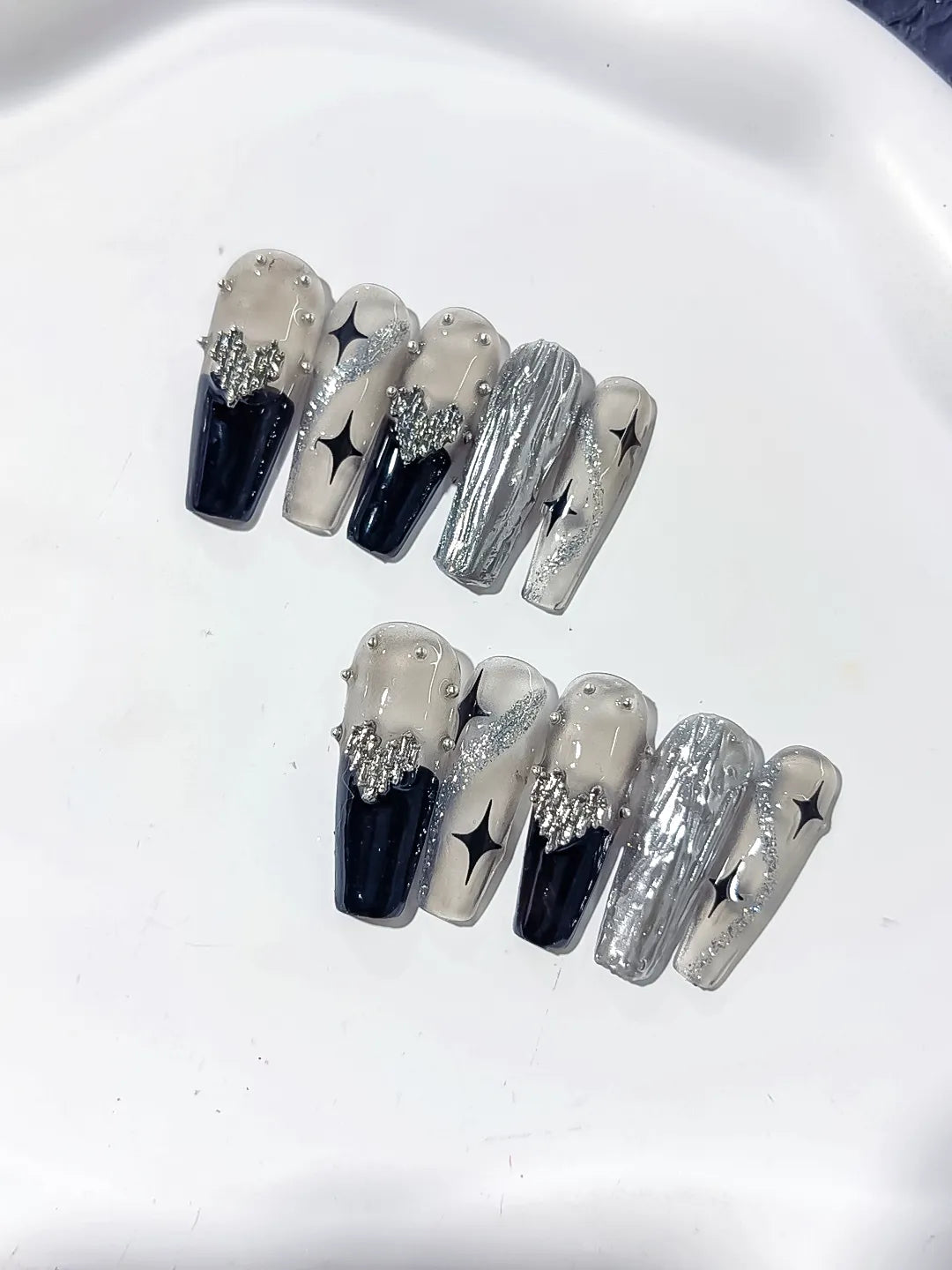 Long Silver Black Coffin Metallic Rhinestone Star