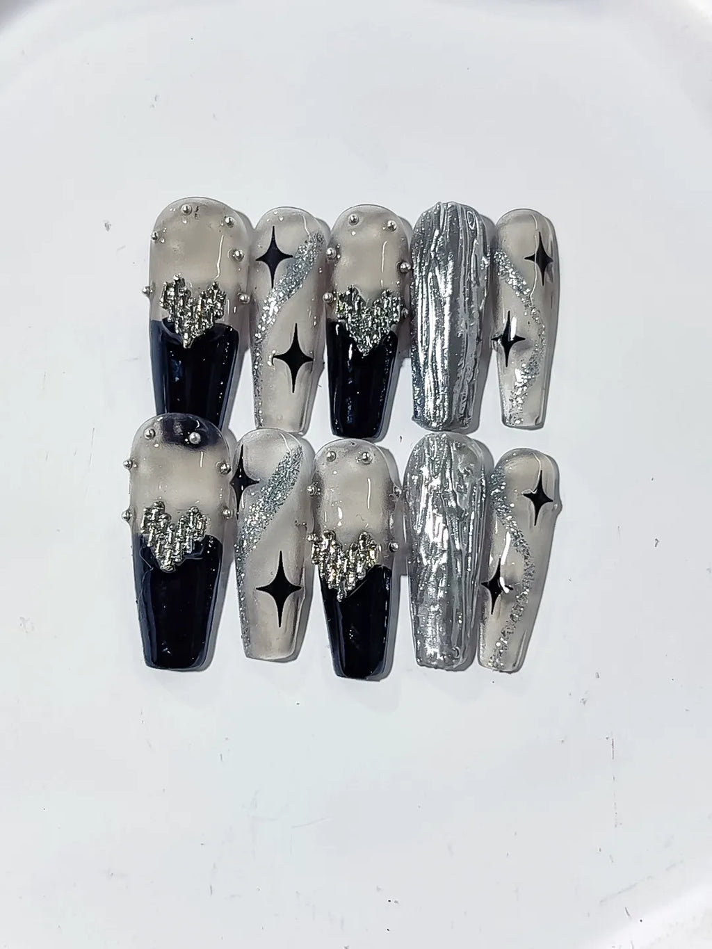 Long Silver Black Coffin Metallic Rhinestone Star