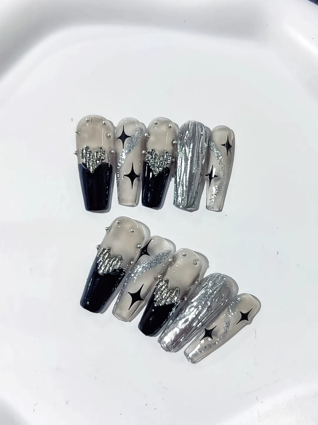 Long Silver Black Coffin Metallic Rhinestone Star