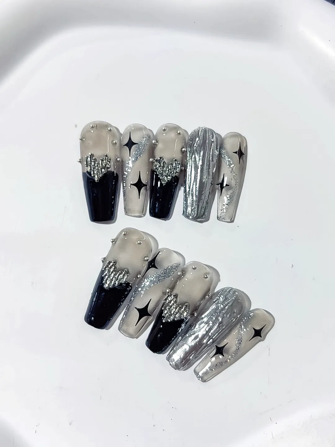 Long Silver Black Coffin Metallic Rhinestone Star