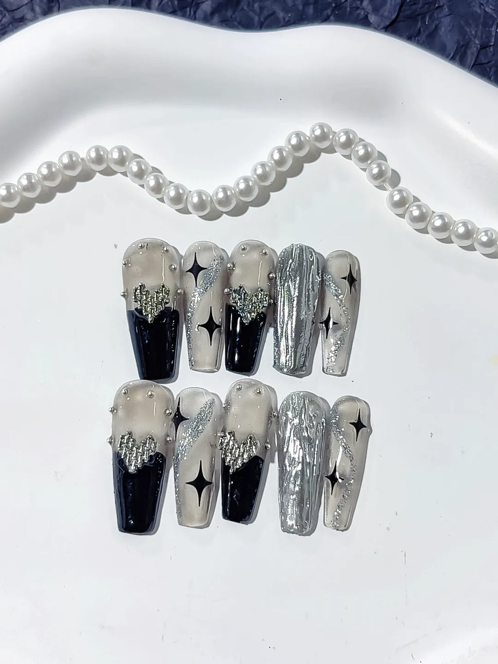 Long Silver Black Coffin Metallic Rhinestone Star