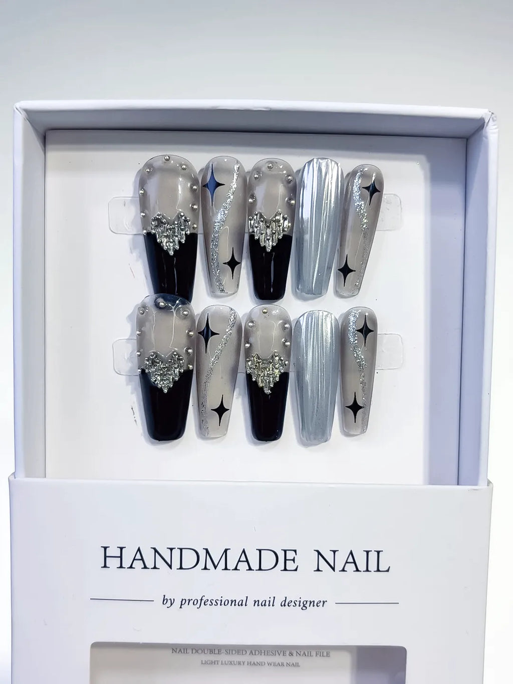 Long Silver Black Coffin Metallic Rhinestone Star