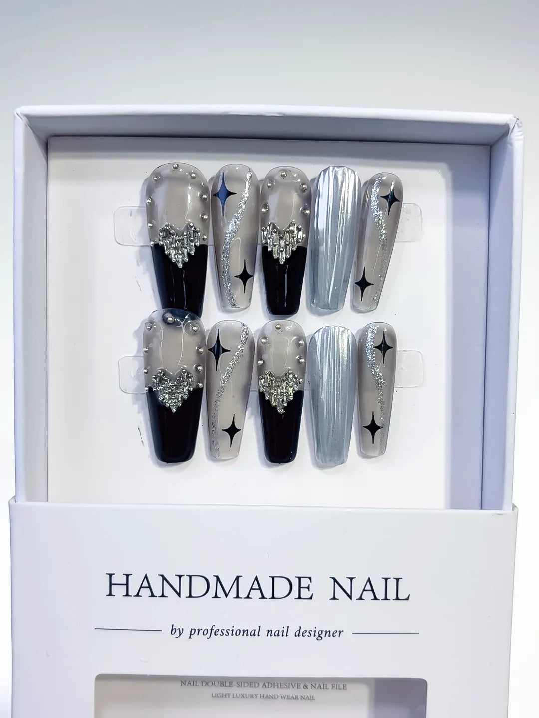 Long Silver Black Coffin Metallic Rhinestone Star