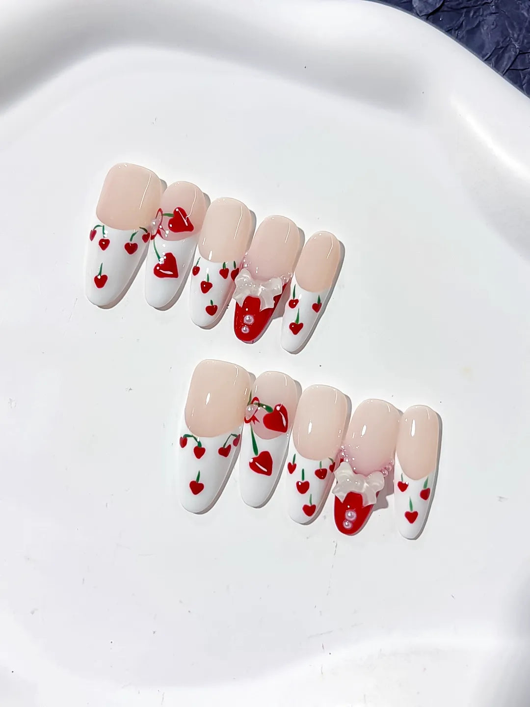 Long Nude White Oval Floral Cherry Bow
