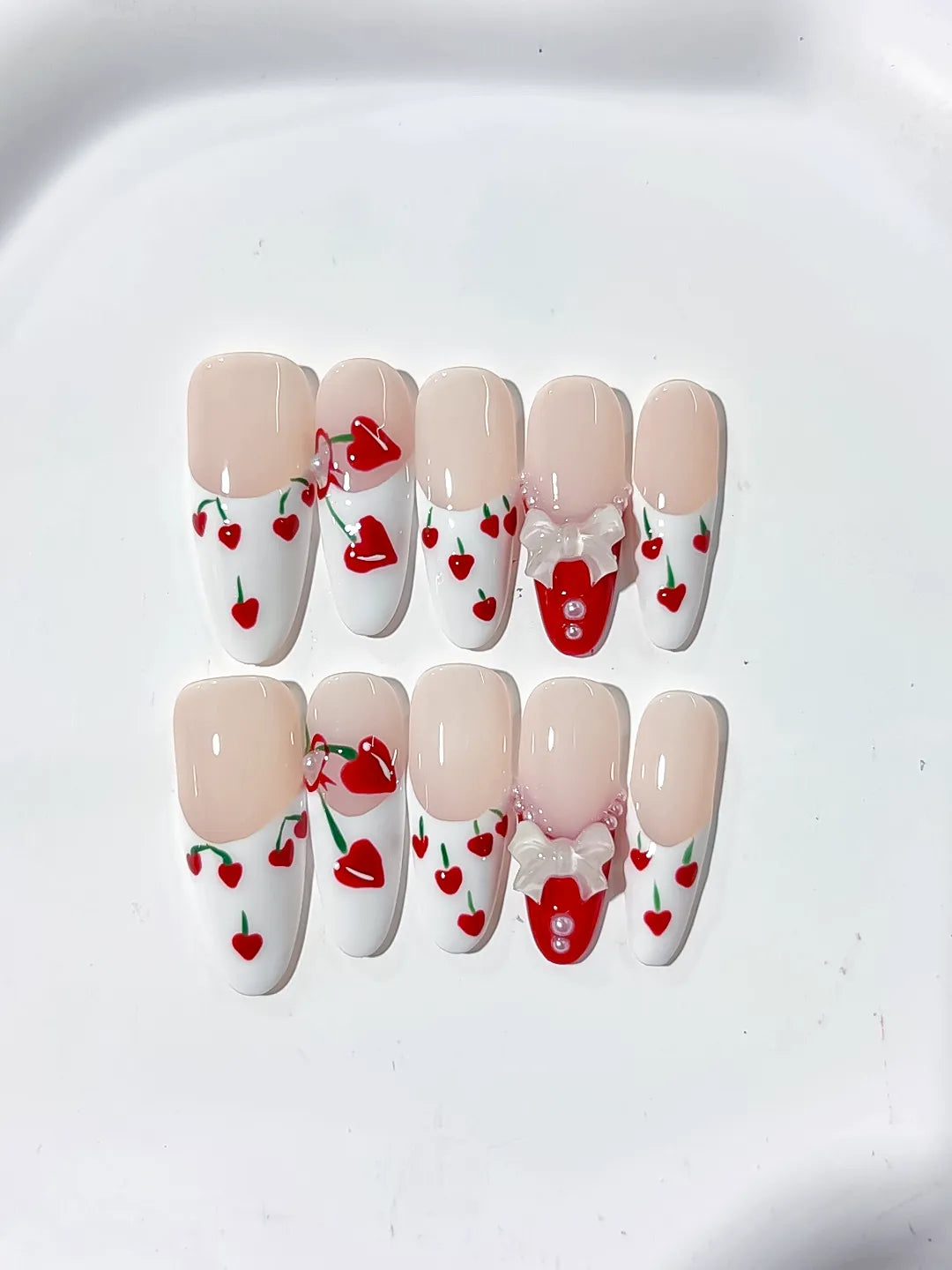Long Nude White Oval Floral Cherry Bow
