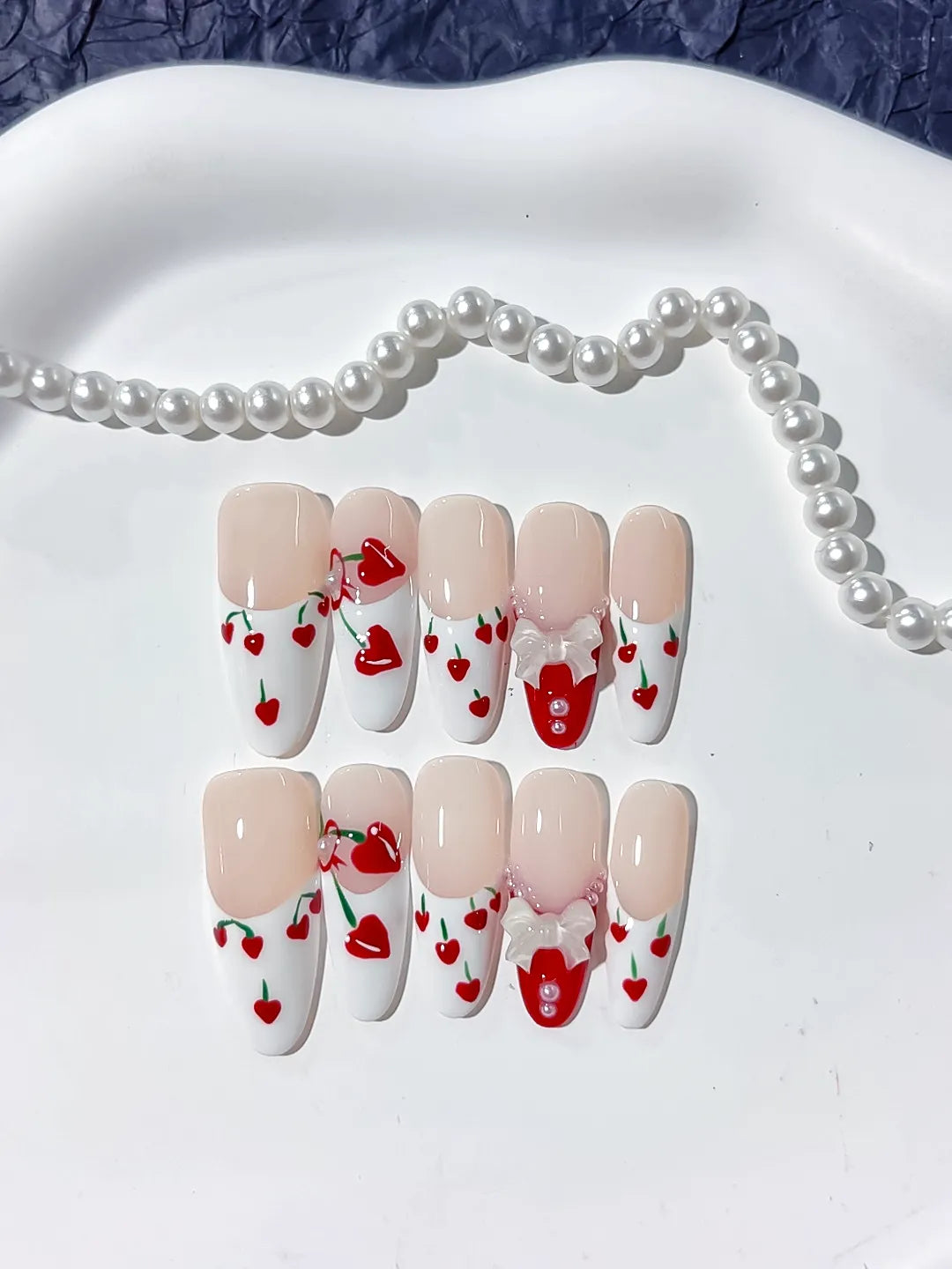 Long Nude White Oval Floral Cherry Bow