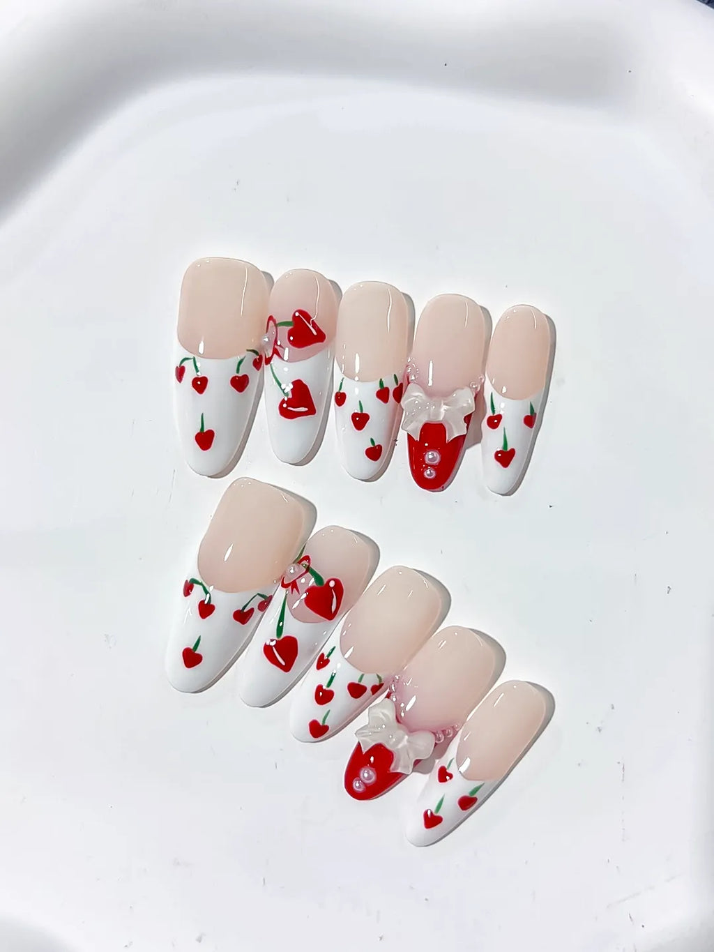 Long Nude White Oval Floral Cherry Bow