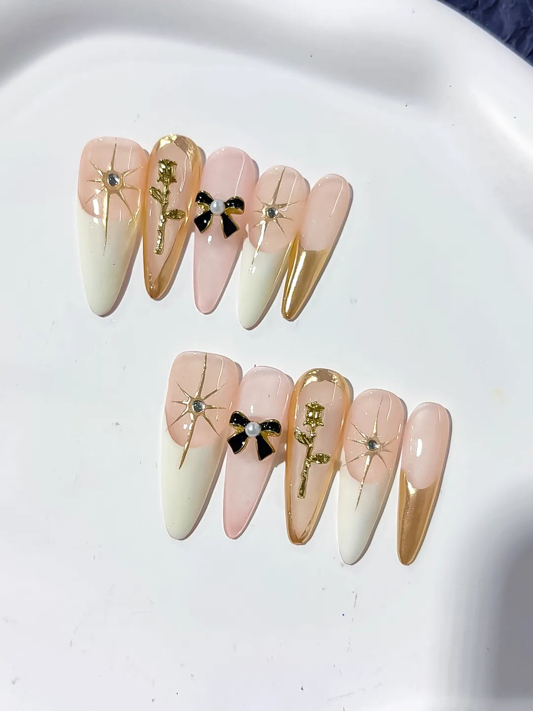 Long Nude White Stiletto French tip Flower Bow