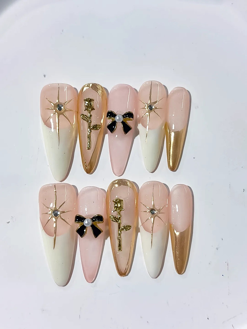 Long Nude White Stiletto French tip Flower Bow